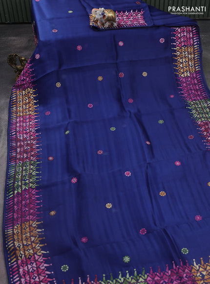 Pure organza silk saree dark blue with kantha stitch work buttas and kantha stitch work border