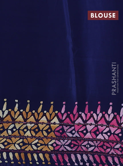 Pure organza silk saree dark blue with kantha stitch work buttas and kantha stitch work border