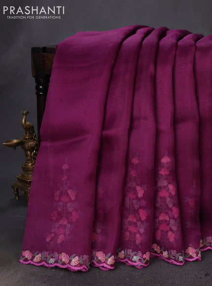 Pure organza silk saree wine shade and rust shade with plain body and embroidery border