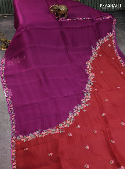 Pure organza silk saree wine shade and rust shade with plain body and embroidery border