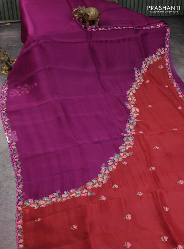 Pure organza silk saree wine shade and rust shade with plain body and embroidery border