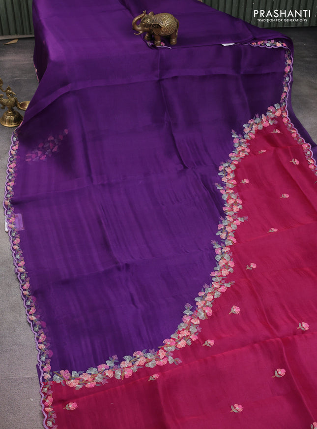 Pure organza silk saree purple and dark pink with plain body and embroidery border