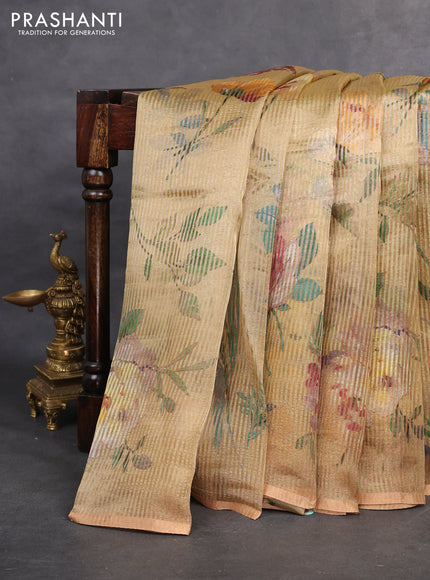 Pure organza silk saree sandal with floral digital prints & zari stripe pattern and zari woven piping border