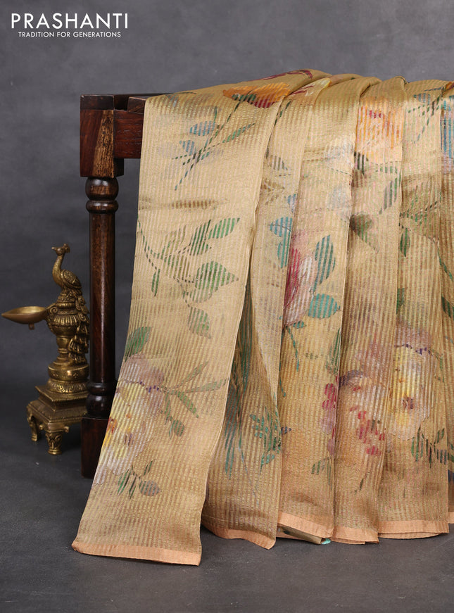 Pure organza silk saree sandal with floral digital prints & zari stripe pattern and zari woven piping border