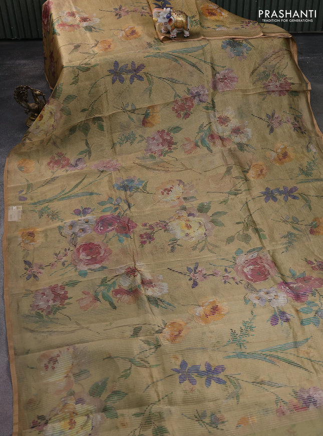 Pure organza silk saree sandal with floral digital prints & zari stripe pattern and zari woven piping border