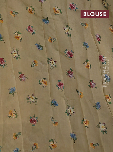 Pure organza silk saree sandal with floral digital prints & zari stripe pattern and zari woven piping border