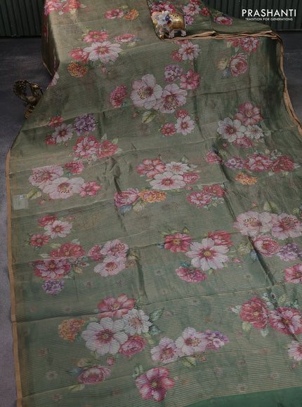 Pure organza silk saree green with floral digital prints & zari stripe pattern and zari woven piping border