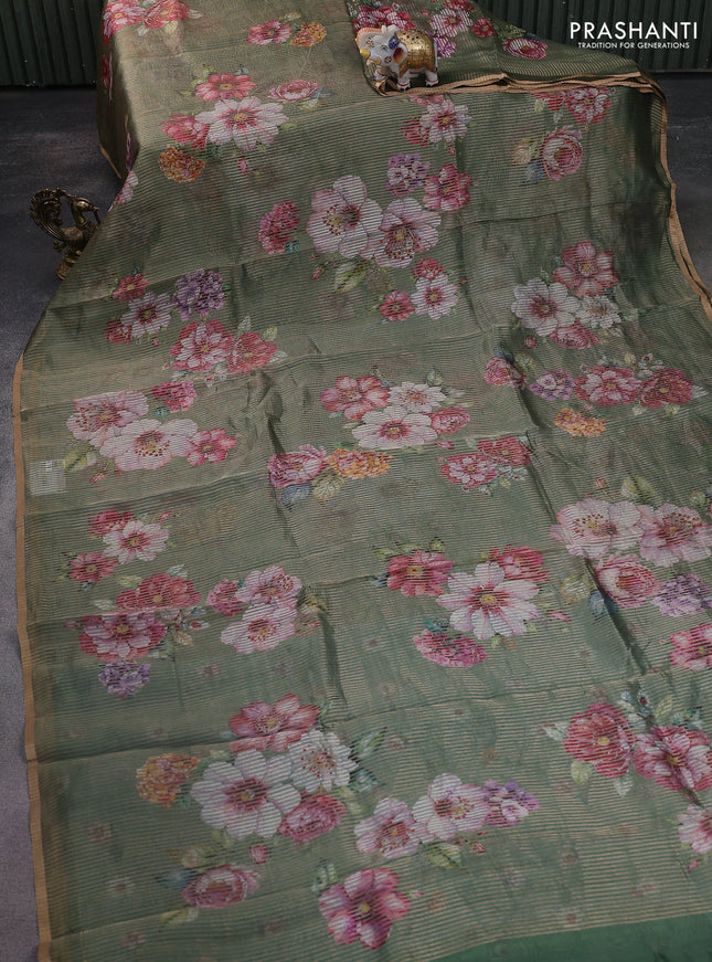 Pure organza silk saree green with floral digital prints & zari stripe pattern and zari woven piping border