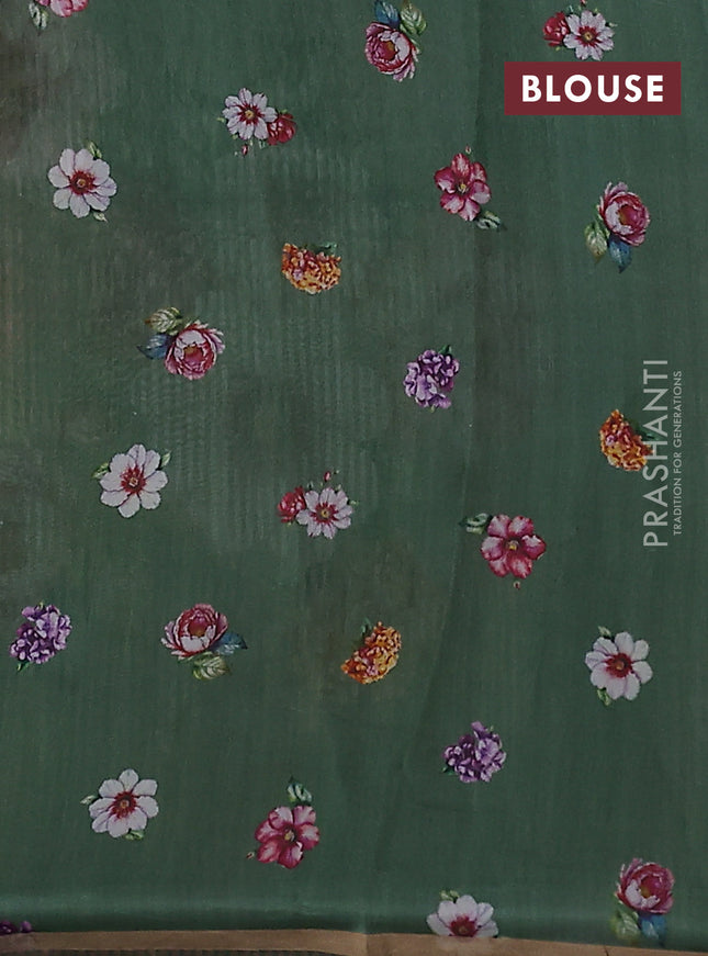 Pure organza silk saree green with floral digital prints & zari stripe pattern and zari woven piping border