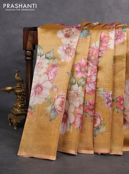 Pure organza silk saree dark mustard with floral digital prints & zari stripe pattern and zari woven piping border