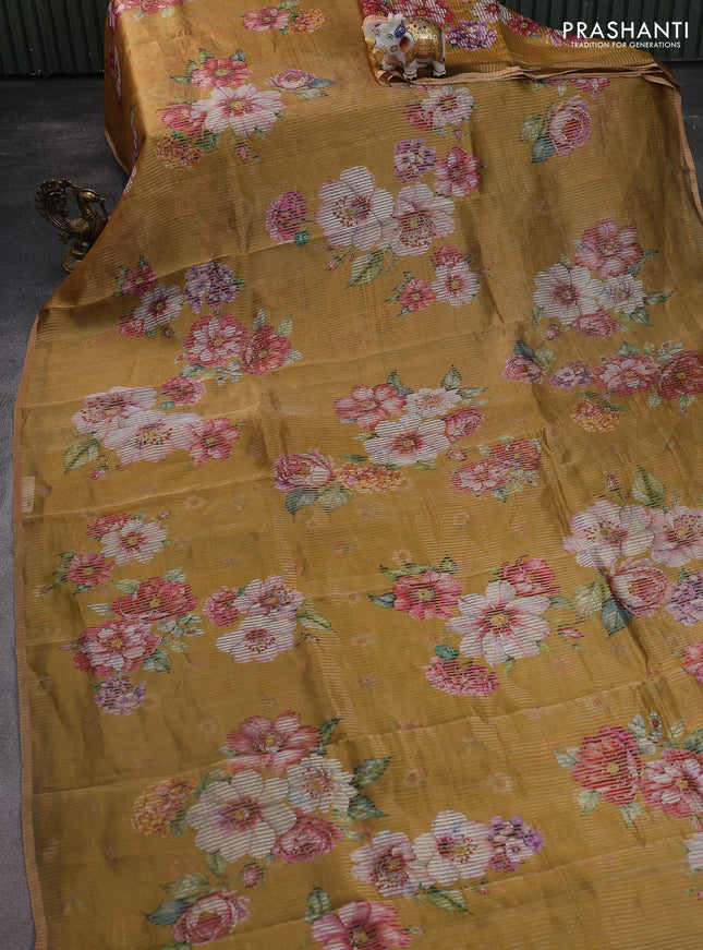 Pure organza silk saree dark mustard with floral digital prints & zari stripe pattern and zari woven piping border