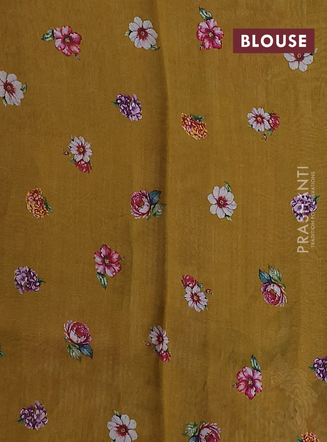 Pure organza silk saree dark mustard with floral digital prints & zari stripe pattern and zari woven piping border