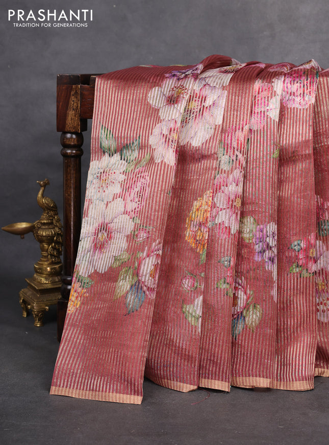 Pure organza silk saree maroon shade with floral digital prints & zari stripe pattern and zari woven piping border