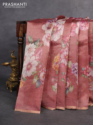 Pure organza silk saree maroon shade with floral digital prints & zari stripe pattern and zari woven piping border