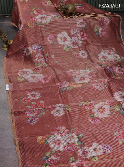 Pure organza silk saree maroon shade with floral digital prints & zari stripe pattern and zari woven piping border