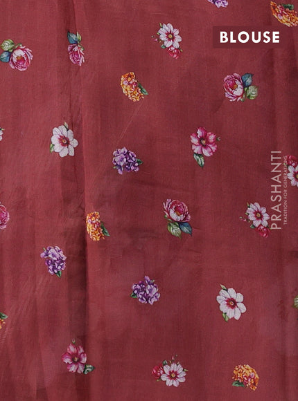 Pure organza silk saree maroon shade with floral digital prints & zari stripe pattern and zari woven piping border