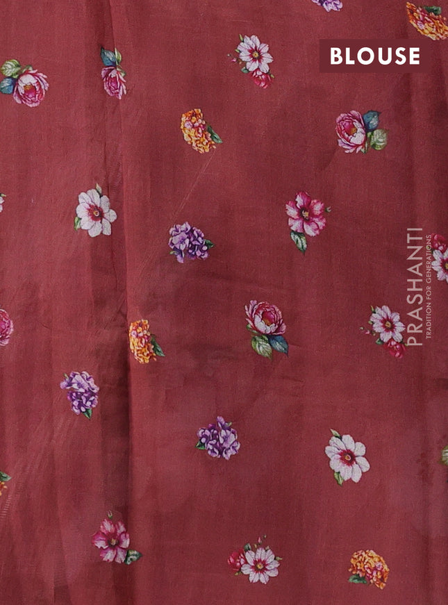 Pure organza silk saree maroon shade with floral digital prints & zari stripe pattern and zari woven piping border