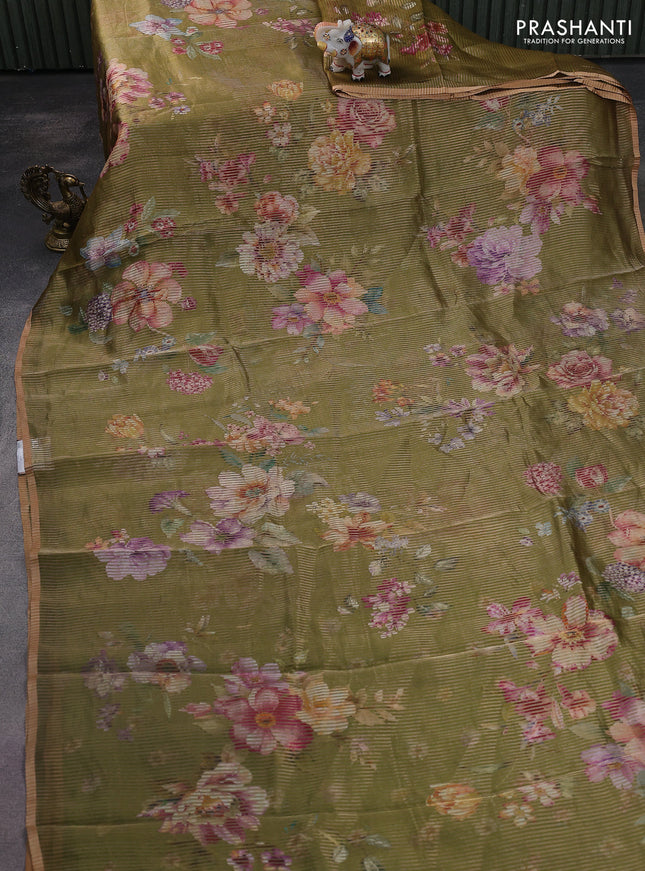 Pure organza silk saree mehendi green with floral digital prints & zari stripe pattern and zari woven piping border