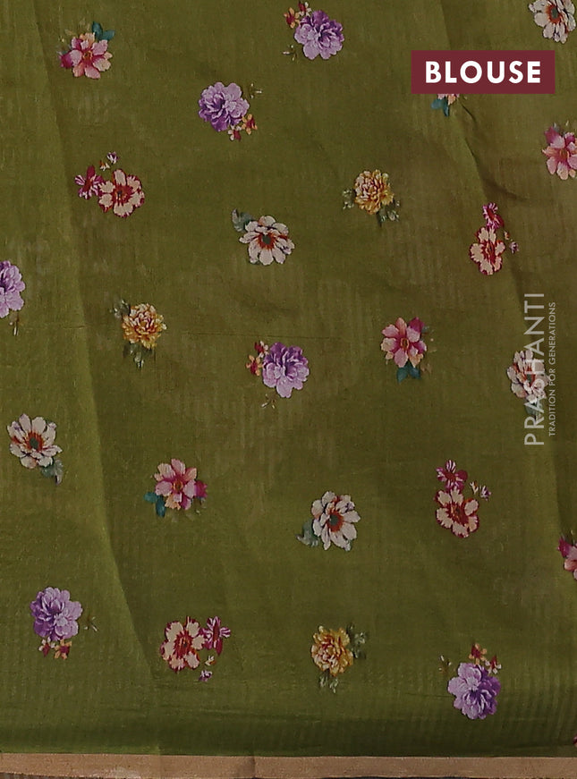 Pure organza silk saree mehendi green with floral digital prints & zari stripe pattern and zari woven piping border