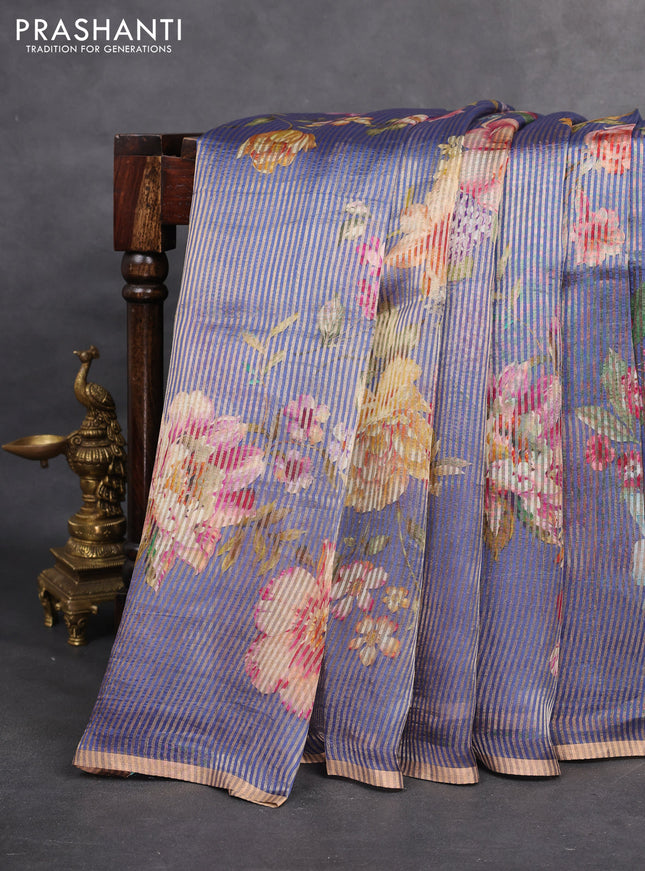 Pure organza silk saree blue with floral digital prints & zari stripe pattern and zari woven piping border