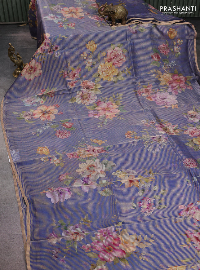 Pure organza silk saree blue with floral digital prints & zari stripe pattern and zari woven piping border
