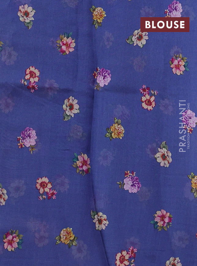 Pure organza silk saree blue with floral digital prints & zari stripe pattern and zari woven piping border