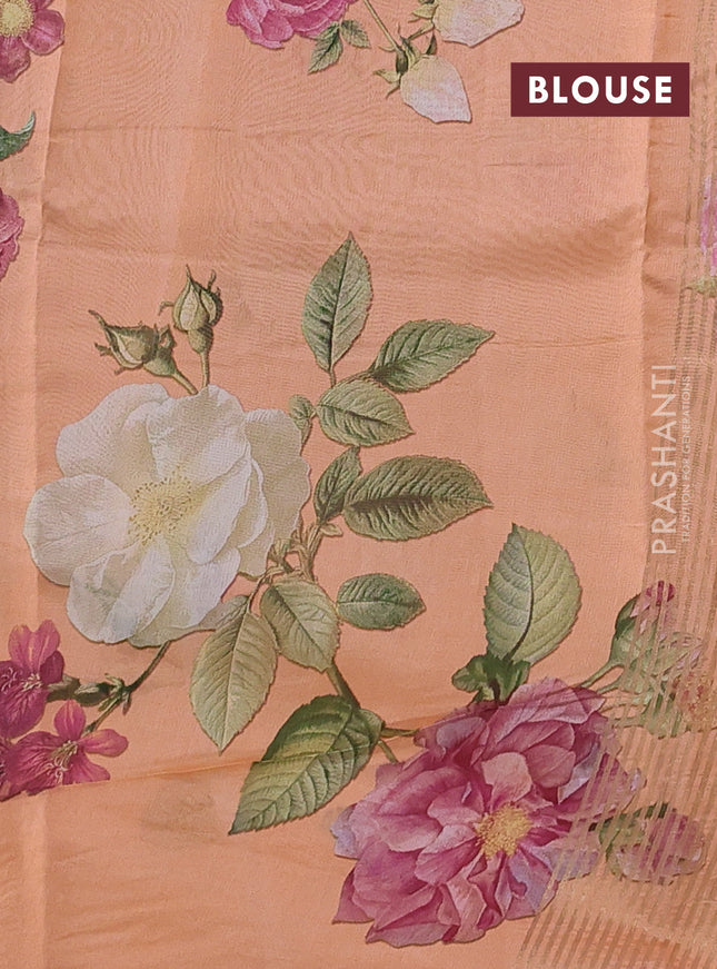 Pure organza silk saree peach orange with floral digital prints & zari stripe pattern and zari woven piping border