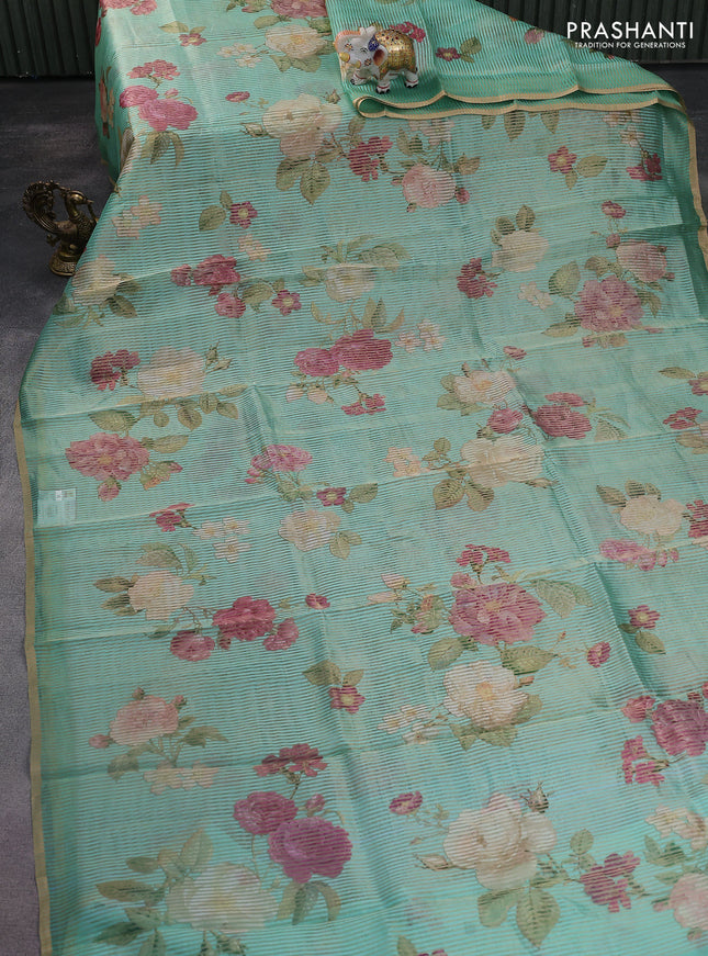 Pure organza silk saree teal green with floral digital prints & zari stripe pattern and zari woven piping border