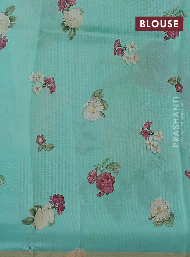 Pure organza silk saree teal green with floral digital prints & zari stripe pattern and zari woven piping border