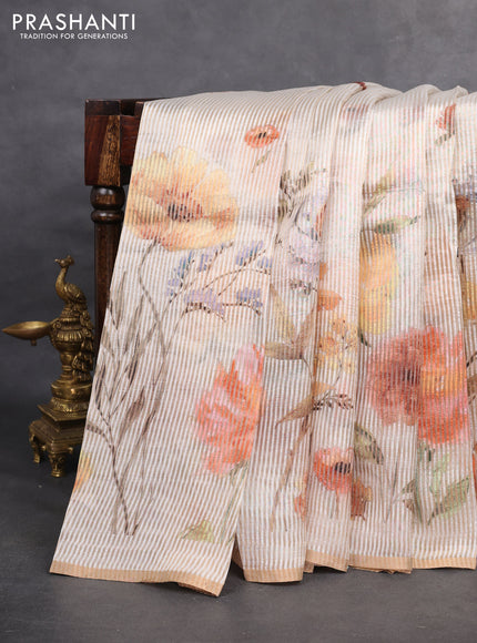Pure organza silk saree off white with floral digital prints & zari stripe pattern and zari woven piping border