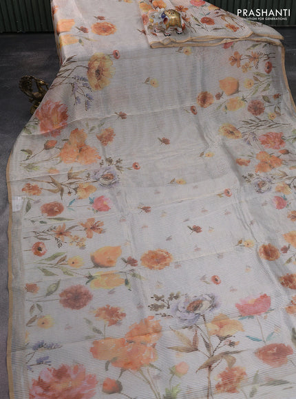 Pure organza silk saree off white with floral digital prints & zari stripe pattern and zari woven piping border