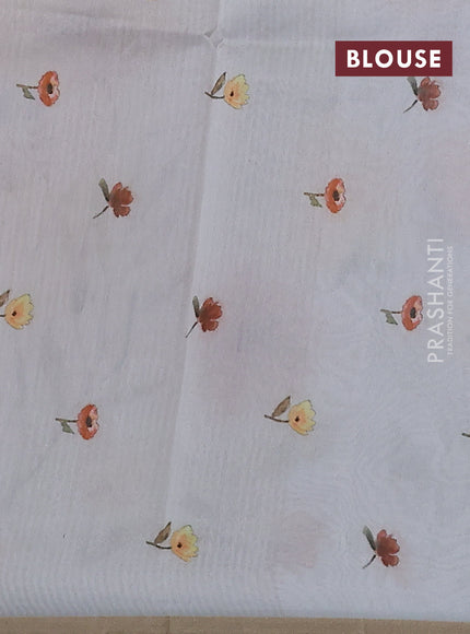 Pure organza silk saree off white with floral digital prints & zari stripe pattern and zari woven piping border