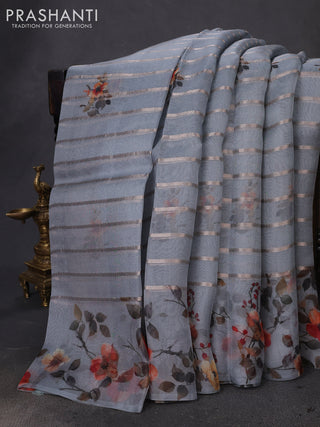 Pure organza silk saree grey with allover zari strip & floral digital prints and floral digital printed border