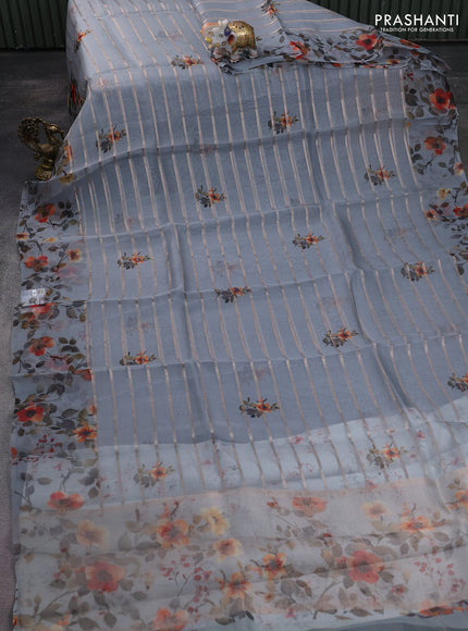 Pure organza silk saree grey with allover zari strip & floral digital prints and floral digital printed border