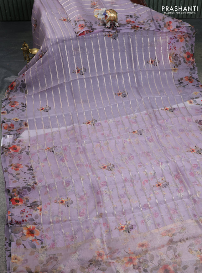 Pure organza silk saree pastel lavender with allover zari strip & floral digital prints and floral digital printed border