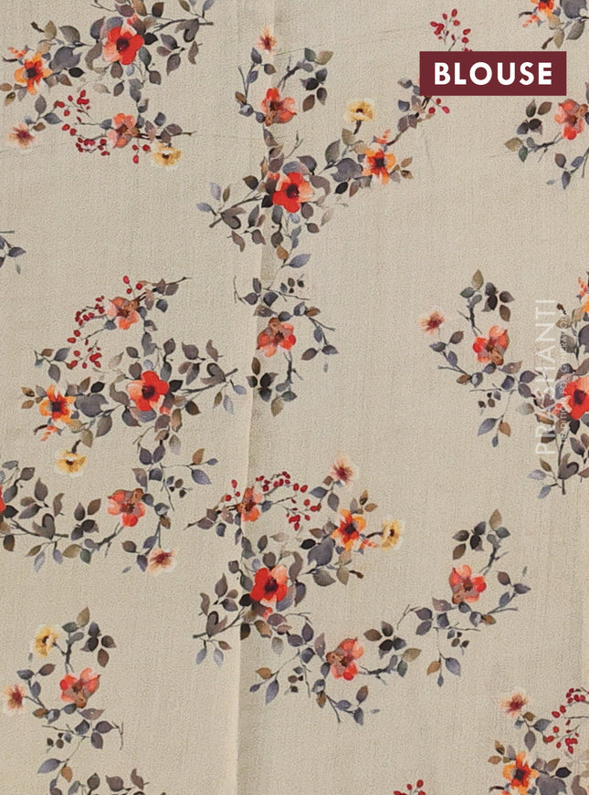 Pure organza silk saree dark beige with allover zari strip & floral digital prints and floral digital printed border