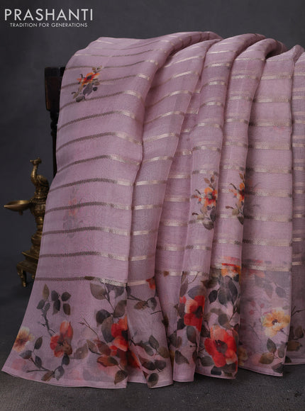 Pure organza silk saree pastel pink with allover zari strip & floral digital prints and floral digital printed border
