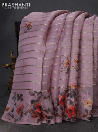 Pure organza silk saree pastel pink with allover zari strip & floral digital prints and floral digital printed border