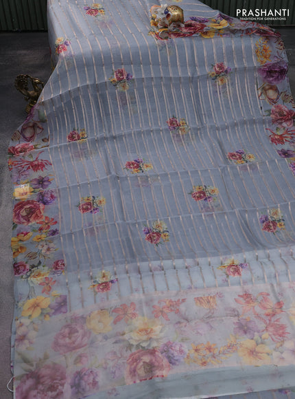 Pure organza silk saree grey with allover zari strip & floral digital prints and floral digital printed border