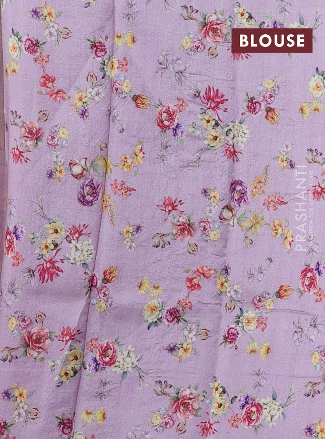Pure organza silk saree pastel purple with allover zari strip & floral digital prints and floral digital printed border