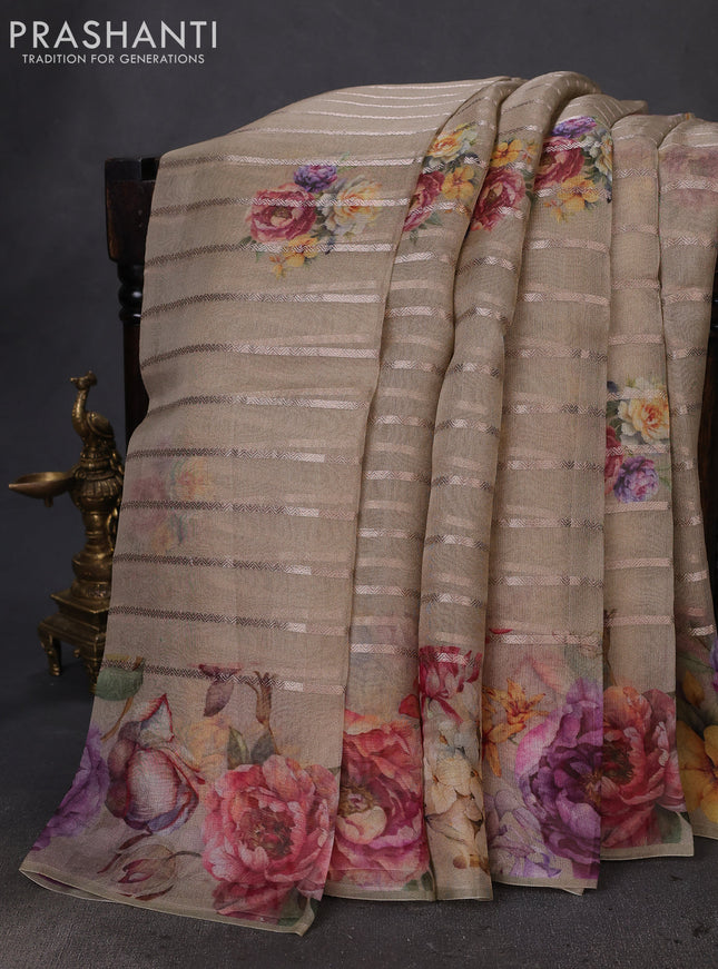 Pure organza silk saree dark beige with allover zari strip & floral digital prints and floral digital printed border
