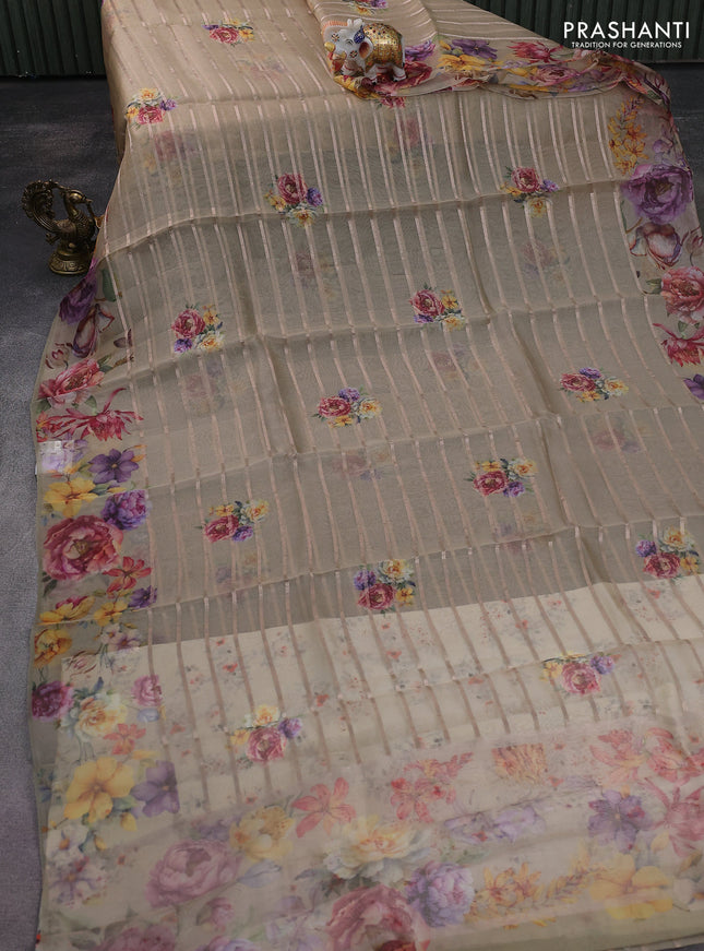 Pure organza silk saree dark beige with allover zari strip & floral digital prints and floral digital printed border