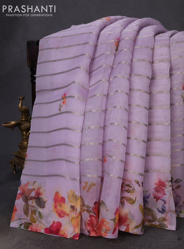 Pure organza silk saree lavender with allover zari strip & floral digital prints and floral digital printed border