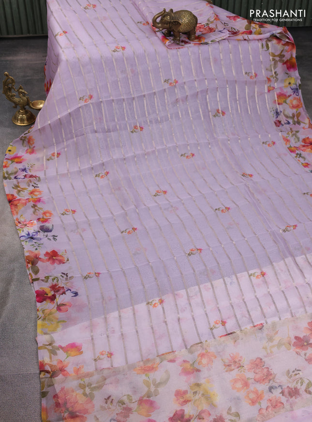 Pure organza silk saree lavender with allover zari strip & floral digital prints and floral digital printed border