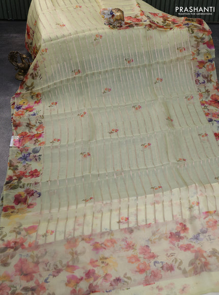 Pure organza silk saree lime yellow with allover zari strip & floral digital prints and floral digital printed border
