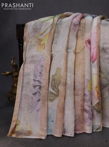 Pure organza silk saree cream with allover floral digital prints & zari stripe pattern in borderless style