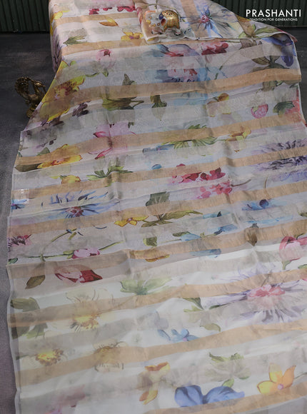 Pure organza silk saree cream with allover floral digital prints & zari stripe pattern in borderless style