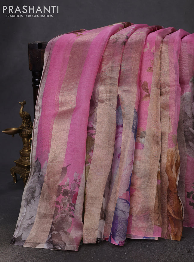 Pure organza silk saree mauve pink with allover floral digital prints & zari stripe pattern in borderless style
