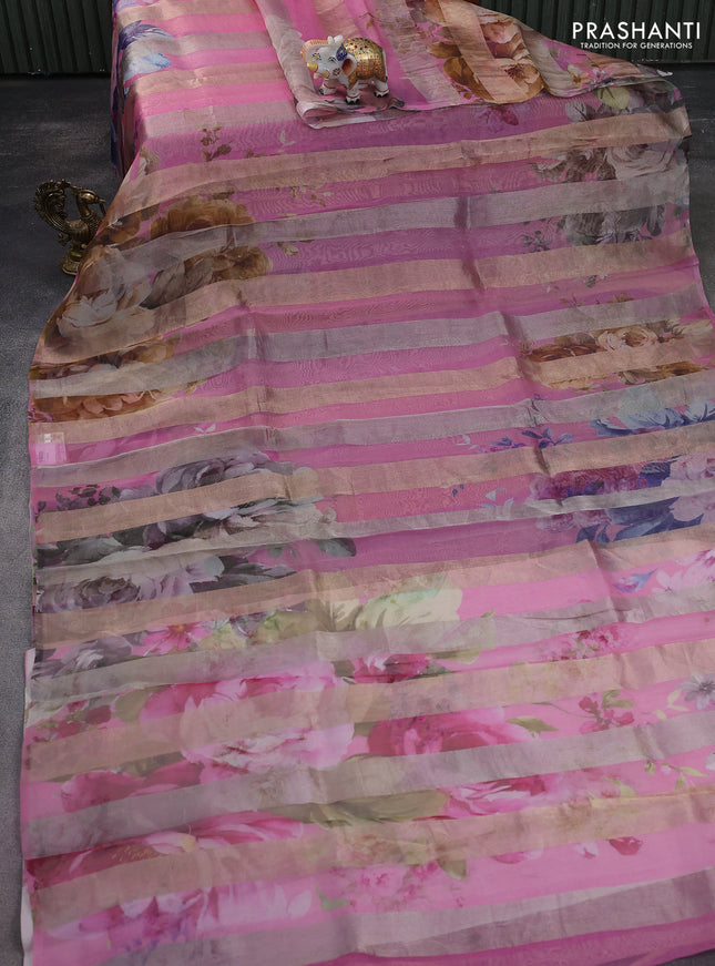 Pure organza silk saree mauve pink with allover floral digital prints & zari stripe pattern in borderless style