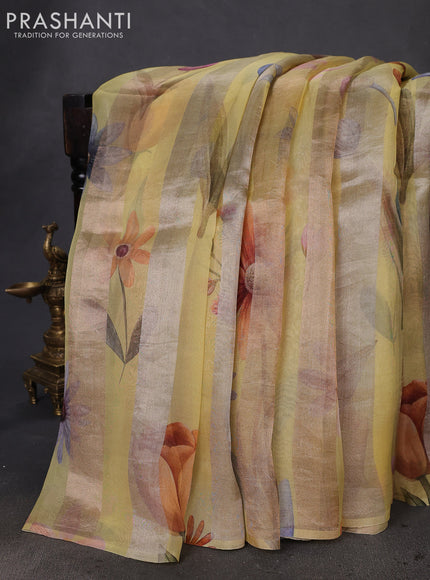 Pure organza silk saree yellow shade with allover floral digital prints & zari stripe pattern in borderless style